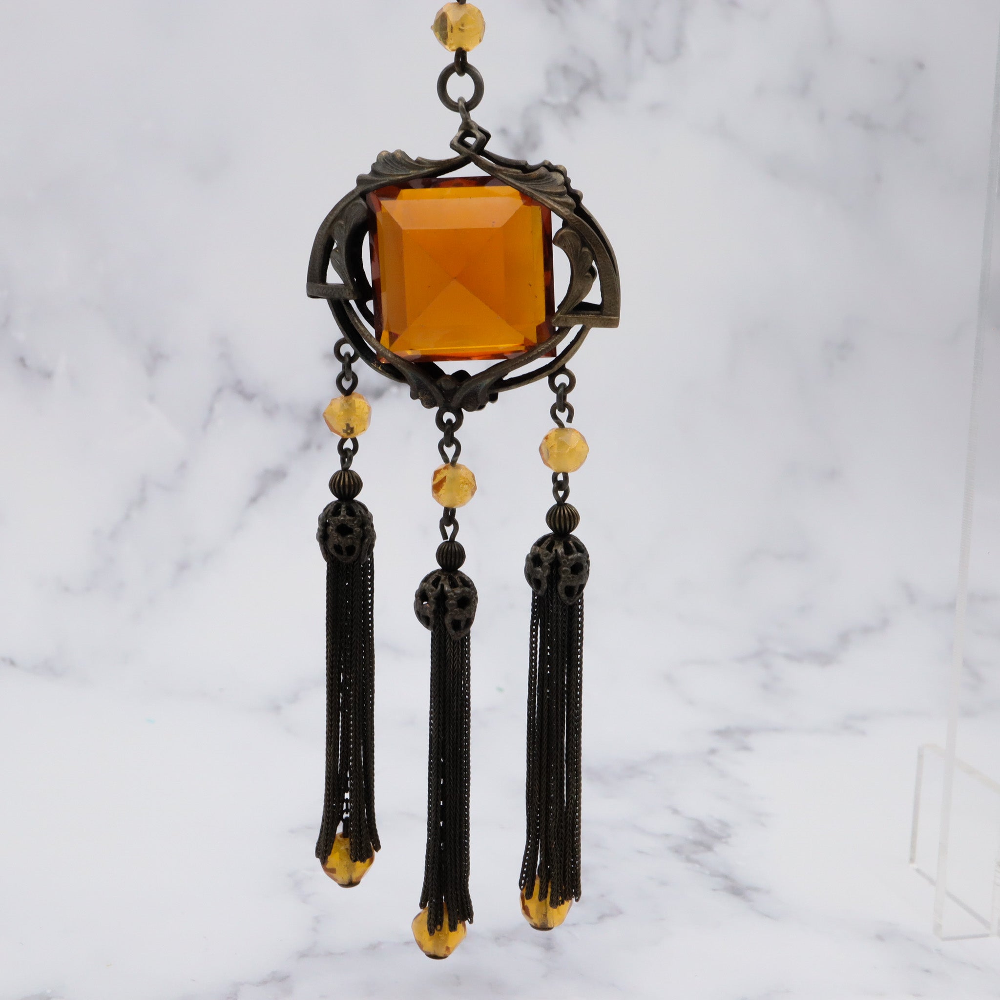 Antique Art Nouveau brass & amber glass necklace, 25"